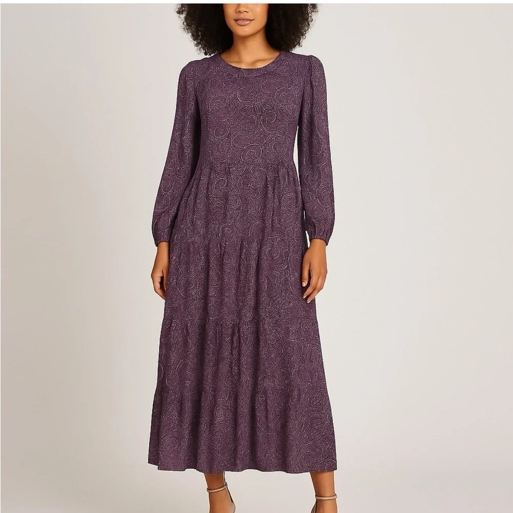 J. Jill Paisley Print Tiered Midi Dress Long Sleeve Cottagecore Boho Plum XS